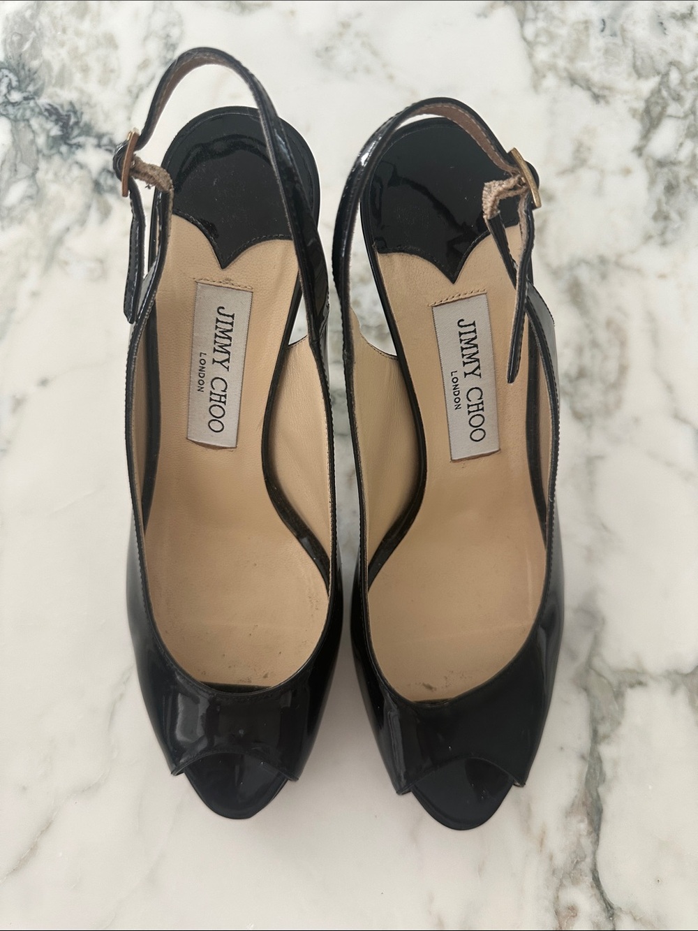 Jimmy Choo Black Patent Peep-Toe Slingback Heels